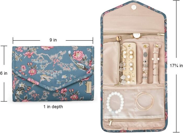 BAGSMART Travel Jewellery Organiser Roll Foldable Jewelry Case for Journey-Rings, Necklaces, Bracelets, Earrings, Flower Bird - Image 6