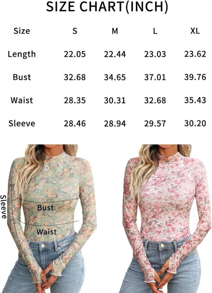 Dealmore Floral Mesh Mockneck Tops Trendy Going Out Tops fot Women with Thumb Hole Fashion Fall Outfits 2024 - Image 6