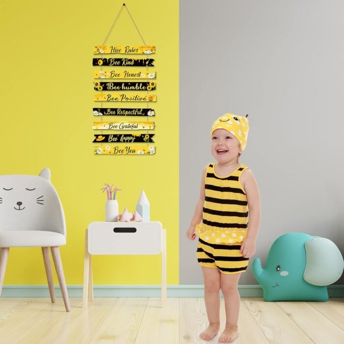 Jetec Bee Sign Hive Rules Bee Wall Decor Plaque Bee Gift Humble Bee Decor Christmas Bee Ornament for Xmas Home Spring Daisy Sunflower Decorations for Living Room Rustic Kitchen Decor (Black, Yellow) - Image 3