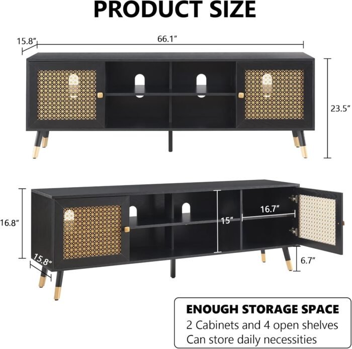 Modern Entertainment Center for TVs up to 75 inches, Boho TV Console with Storage Cabinet and Open Shelf, Black TV Cabinet, Large TV Stand for Living Room, Bedroom, Home Office - Image 2