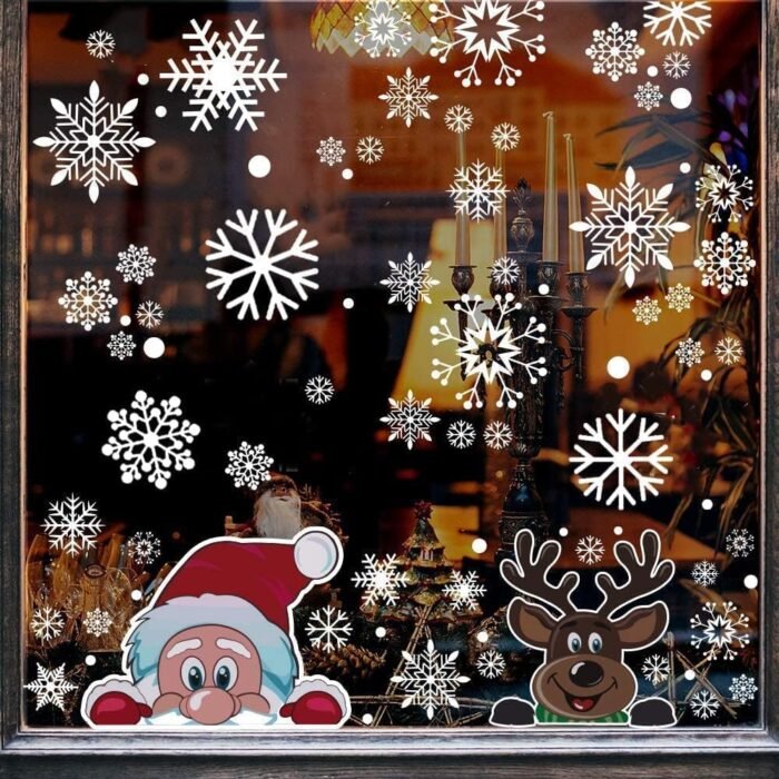 300 PCS 8 Sheet Christmas Snowflake Window Cling Stickers for Glass, Xmas Decals Decorations Holiday Snowflake Santa Claus Reindeer Decals for Party - Image 7