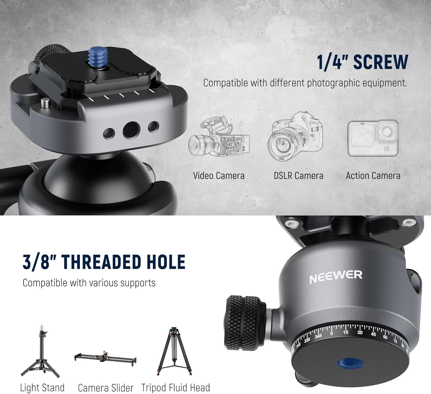NEEWER GM41 Low Profile Tripod Ball Head, 40mm Metal Panoramic Camera Mount Adapter with 1/4" Arca Type QR Plate Compatible with Peak Design Capture Camera Clip, 360° Swivel & 90° Tilt, Max Load 22lb - Image 5