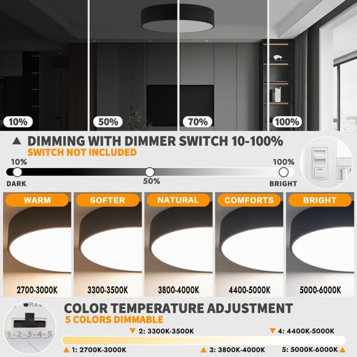 Modern Dimmable Round LED Flush Mount Ceiling Light Fixture, Mounted Ceiling Lighting Fixtures Black,5CCT 2700-6000K,Ceiling Lamp for Kitchen Hallway Bedroom Laundry Room Hall Entryway,11.8" - Image 3