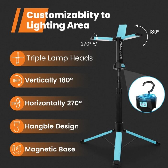 Rechargeable Work Light with Stand, GoGonova Cordless Work Light with Triple LED Lamps, 8AH Battery, 700/1200/2200 Lumen, 4000/6500K Dimmable Led Work Light Kit - Image 2