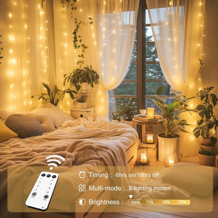 JMEXSUSS 300 LED Remote Control Christmas Curtain Lights, Plug in Fairy Curtain Lights Outdoor, Window Wall Hanging Curtain String Lights for Bedroom Backdrop Wedding Party Indoor Decor, Warm White - Image 3