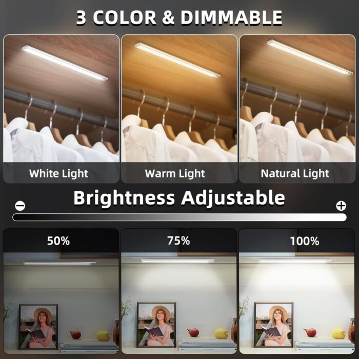 Under Cabinet Lighting Wireless, 74 LED Motion Sensor Light Indoor, 3 Color Dimmable Closet Lights Battery Operated, Rechargeable Magnetic Light, Under Counter Lights for Kitchen, Stairs, Home (3Pack) - Image 3