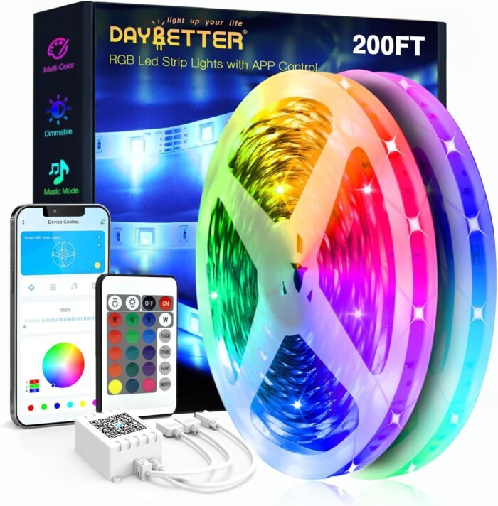 DAYBETTER Led Strip Lights 200 ft (2 Rolls of 100 ft) Ultra Long Smart Light Strips with App Voice Control Remote, RGB Music Sync Color Changing Lights for Bedroom, Kitchen, Party,Home Decoration