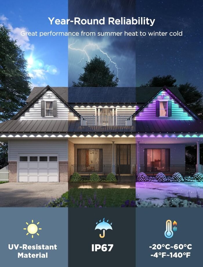Govee Permanent Outdoor Lights 2, 100ft RGBIC Outdoor Lights with 72 LED Lights, IP67 Waterproof, 100 Scene Modes with 40lm White for Christmas Decorations, Works with Alexa, Google Assistant, Black - Image 4