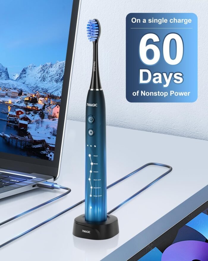 Sonic Electric Toothbrush for Adults, Rechargeable Toothbrush with 6 Mode & 3 Intensity, 40000VPM Toothbrush with 6 Brush Heads, Travel Case, 60 Days Battery Life, Wireless Charging, 2-Min Smart Timer - Image 5