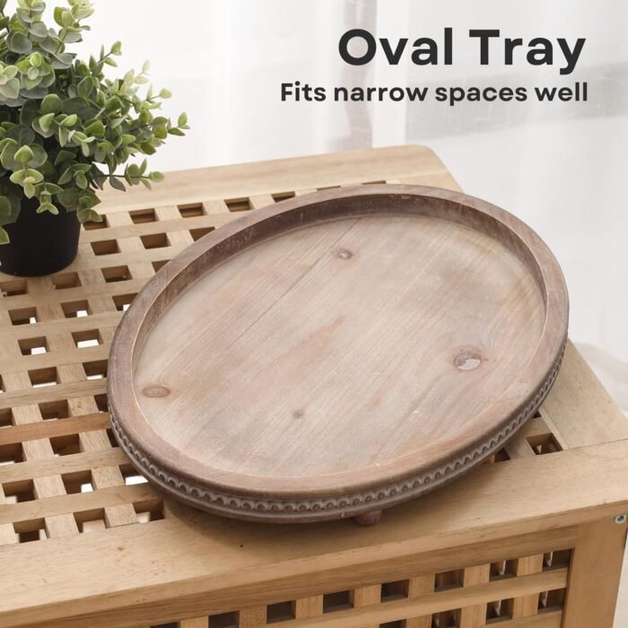 Decorative Tray, Oval Wooden Tray for Coffee Table Decor Kitchen Dinning Table Entryway, Small Beaded Tray for Holidays, Wood Tray Distressed Brown - Image 3