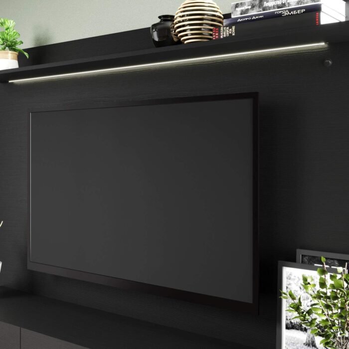 Modern Freestanding Floating Entertainment Center, Floating TV Stand Wall Mounted, Floating TV Wall Panel for 75 inch TVs, Home Theater with LED Strip, Pull-Out Drawers and Overhead Shelf – Black - Image 6