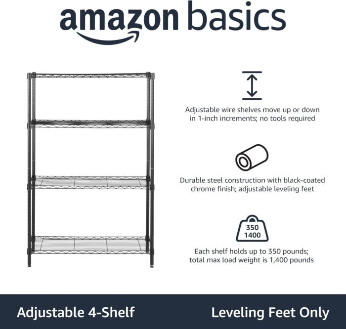 Amazon Basics 4-Shelf Adjustable Heavy Duty Steel Wire Rack Storage Shelving Organizer for Kitchen, Garage, 36" L x 14" W x 54" H, Black - Image 2