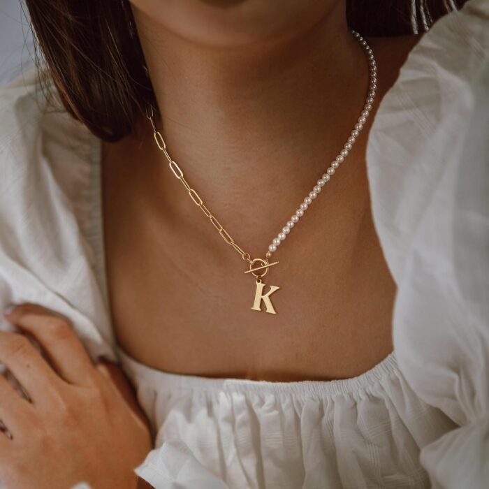 Gold Initial Pearl Necklace for Women, 14K Gold Plated Paperclip Link Chain Necklace Choker Toggle Clasp Necklace Dainty Pearl Chain Necklace Initial Pendant Necklaces for Women Gold Jewelry Gifts - Image 2
