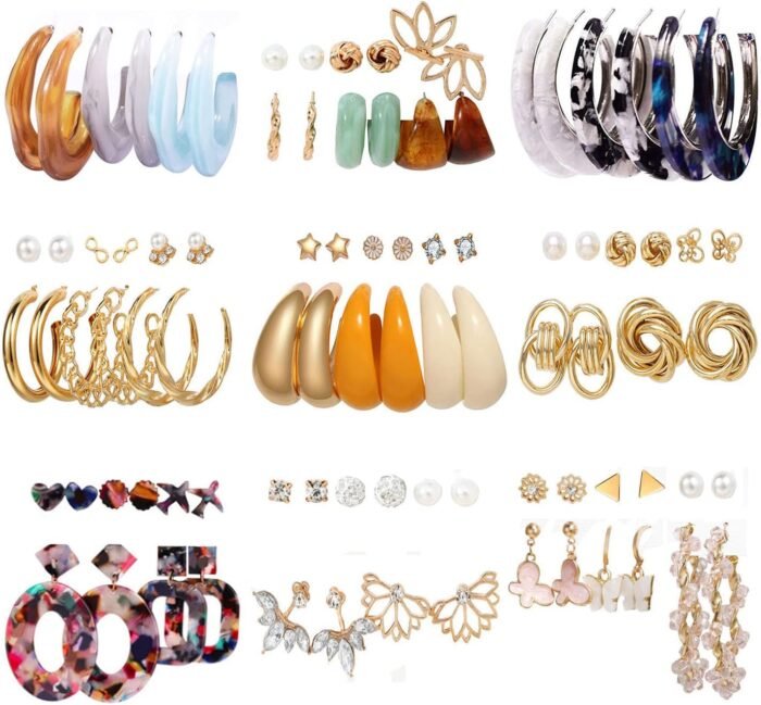 45 Pairs Gold Earrings Set for Women, Fashion Drop Dangle Earrings Statement Vintage Acrylic Hoop Pearl Studs Hypoallergenic Earrings Multipack for Valentine's Day Gifts