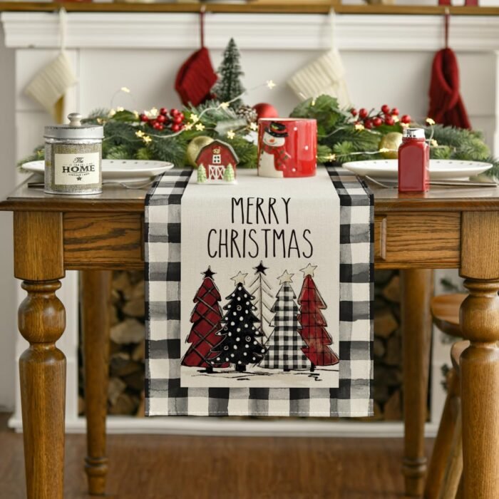 Artoid Mode Waterclor Buffalo Plaid Christmas Trees Merry Xmas Table Runner, Seasonal Winter Holiday Kitchen Dining Table Decoration for Indoor Outdoor Home Party Decor 13 x 72 Inch - Image 3