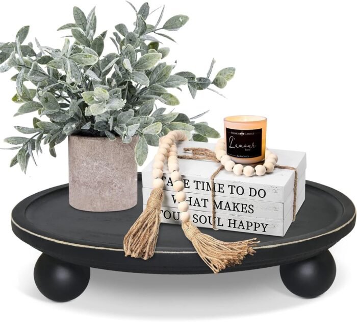 SOWA Farmhouse Wood Tray Risers for Display, Wooden Decorative Tray for Kitchen Decor, Pedestal Stand for Countertop, Round Tray with Risers