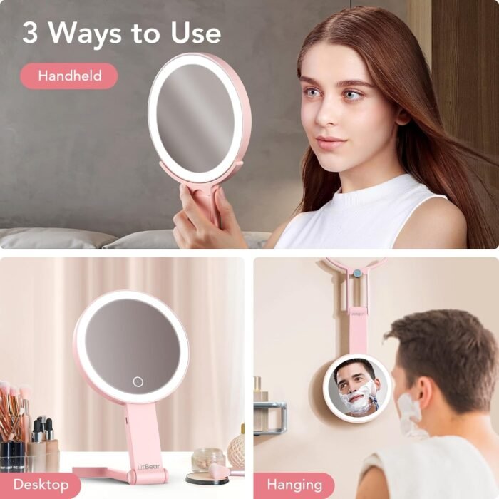 LitBear Travel Makeup Mirror with Lights, Rechargeable Double Sided 10X /1X Magnifying Mirror, Portable Lighted Beauty Mirror, 3 Color Lighting, Dimmable Touch Screen, Tabletop Handhold Hanging (Pink) - Image 6