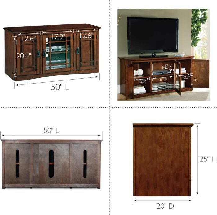 Leick Home 82350 Solid Wood Mission Oak Three Door TV Stand For 55" TVs Universal TV Console Living Room Storage Shelves Entertainment Center, Mission Oak - Image 5