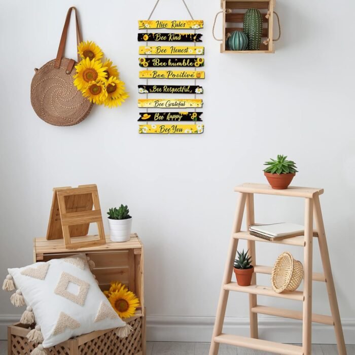 Jetec Bee Sign Hive Rules Bee Wall Decor Plaque Bee Gift Humble Bee Decor Christmas Bee Ornament for Xmas Home Spring Daisy Sunflower Decorations for Living Room Rustic Kitchen Decor (Black, Yellow) - Image 5