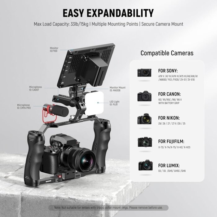 NEEWER Video Camera Cage Rig with Arca Type Quick Release Plate, Dual Grips, 3/8" ARRI & 1/4" Threads, Cold Shoes, Universal Camera Stabilizer Compatible with SmallRig NEEWER Baseplate, CA077 - Image 6