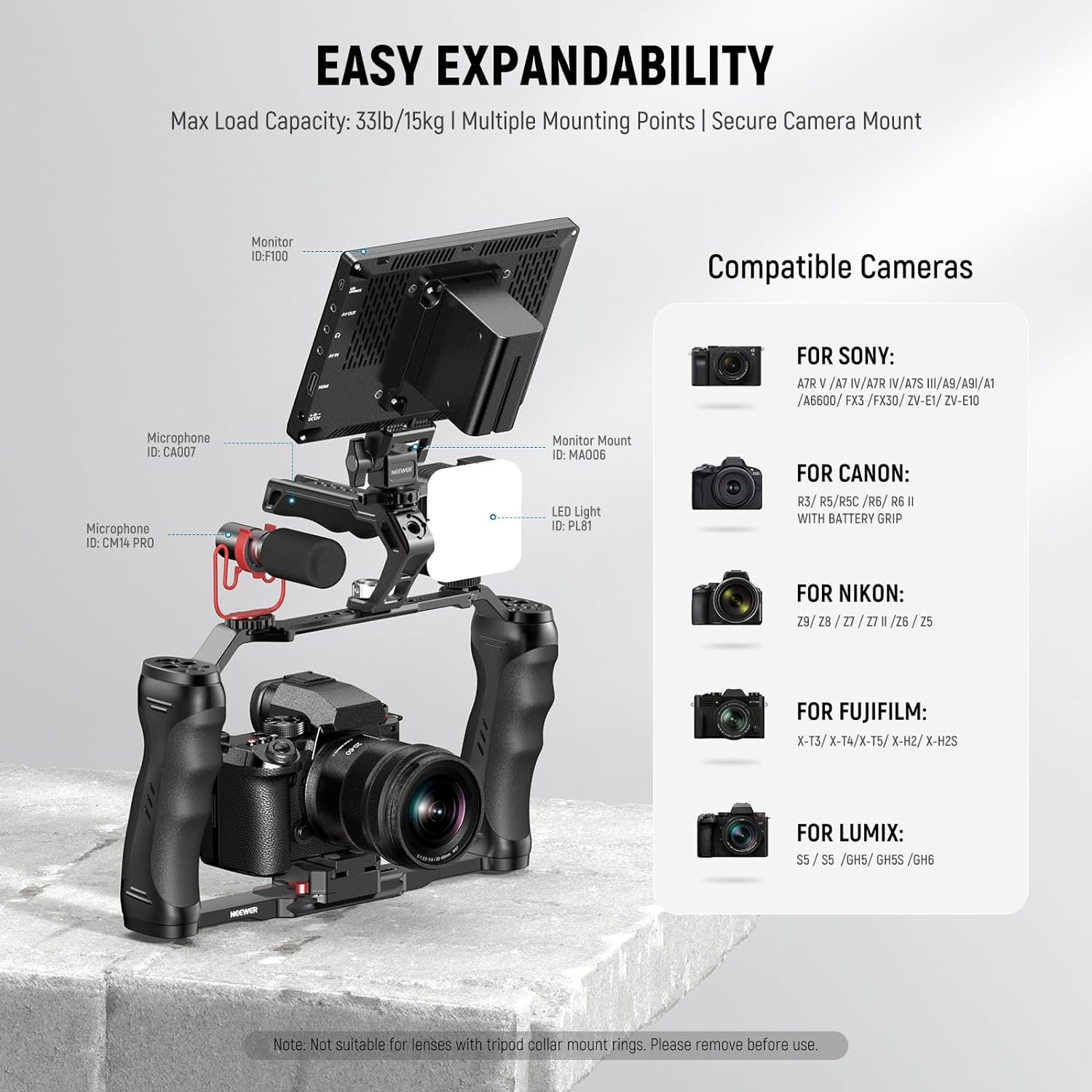 NEEWER Video Camera Cage Rig with Arca Type Quick Release Plate, Dual Grips, 3/8" ARRI & 1/4" Threads, Cold Shoes, Universal Camera Stabilizer Compatible with SmallRig NEEWER Baseplate, CA077 - Image 6
