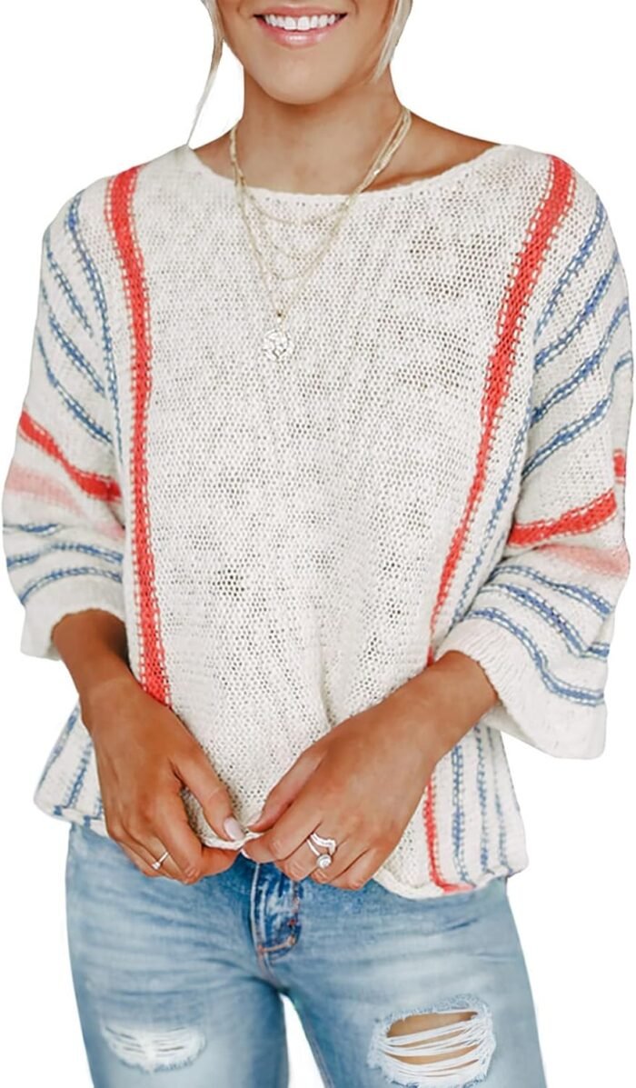 Dokotoo Womens 2024 Fall Casual Color Block Striped Lightweight Comfy Cable Knit Trendy Boho Clothes Pullover Sweaters