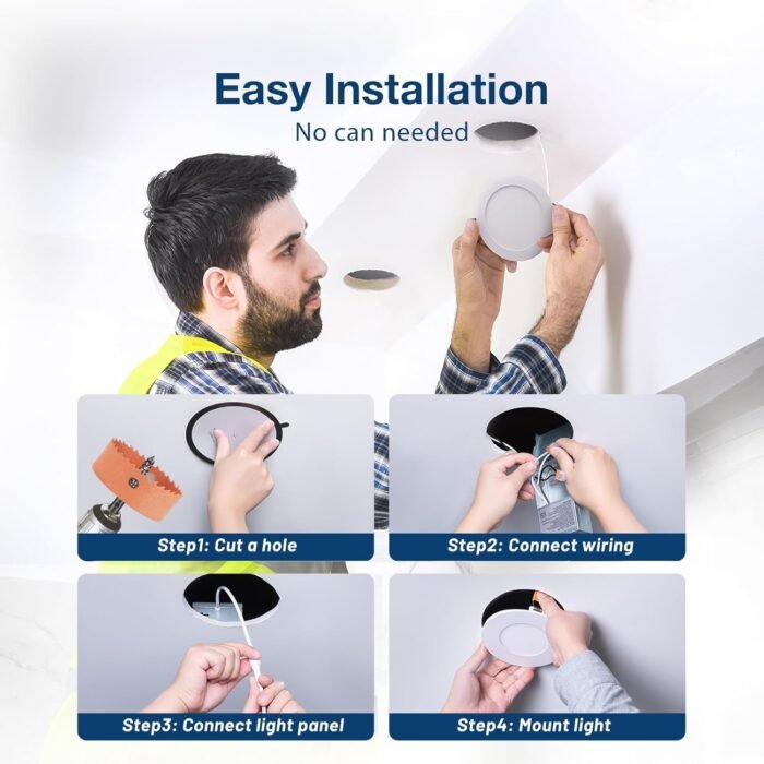 Amico 6 Pack 4 Inch 5CCT Ultra-Thin LED Recessed Ceiling Light with Junction Box, 2700K/3000K/3500K/4000K/5000K Selectable, 11W Eqv 70W 800LM Brightness Dimmable Canless Wafer Downlight, ETL & FCC - Image 5