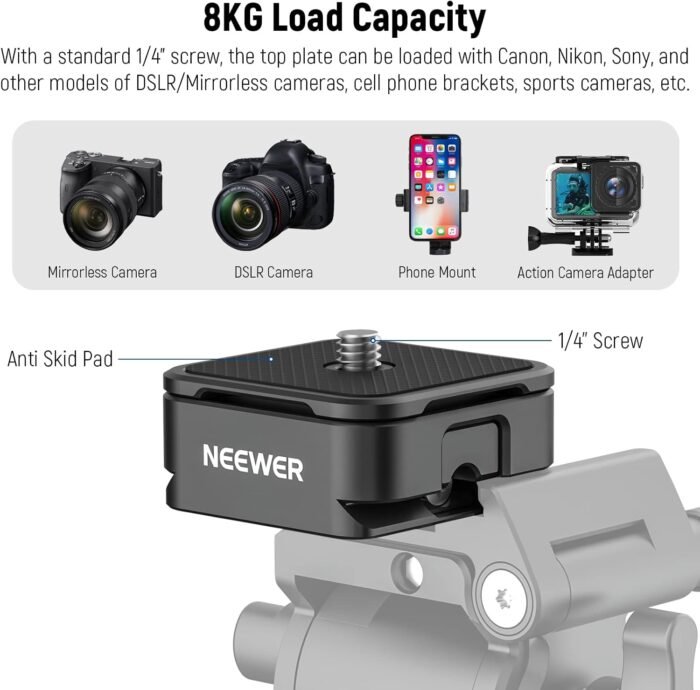 NEEWER Arca Type Quick Release Plate Kit, Four Side Slot Compatible with Arca Swiss Camera Mount Adapter with 1/4” 3/8" Threads for Gimbal Stabilizer Tripod Head Slider, Max Load 17.6lb/8kg, CA009 - Image 6