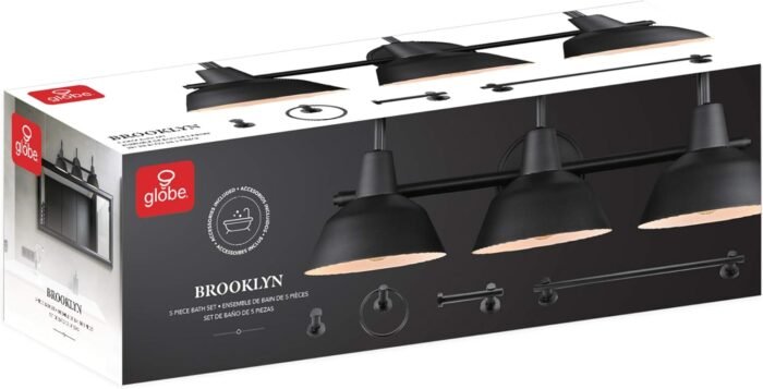Globe Electric 51710 Bathroom Accessory Set, Matte Black, 3-Light Vanity Light, Towel Bar, Towel Ring, Robe Hook, Toilet Paper Holder, Bathroom Lights Over Mirror, Home Décor, Brooklyn, 5-Piece - Image 13