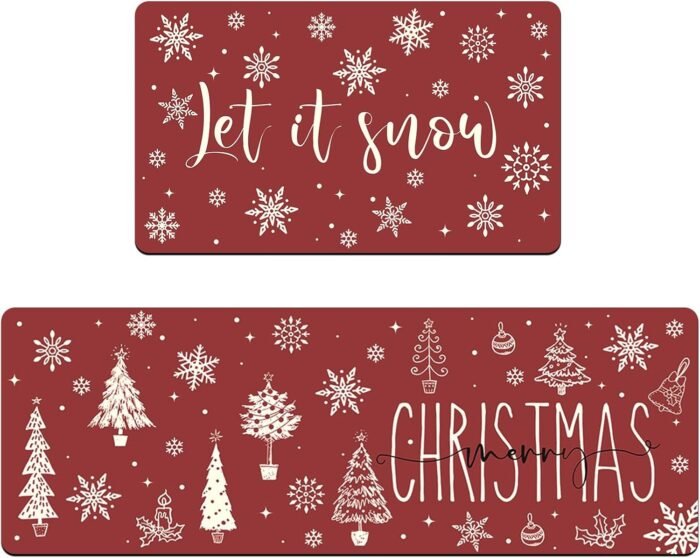 Merry Christmas Kitchen Rug Xmas Trees Winter Snowflake Let It Snow Kitchen Mats Set of 2 for Christmas Home Decor Low-Profile Kitchen Rug Set, 17x 30'' and 17x 47'' (Red, 17''x 30'' + 17''x 47'') - Image 7