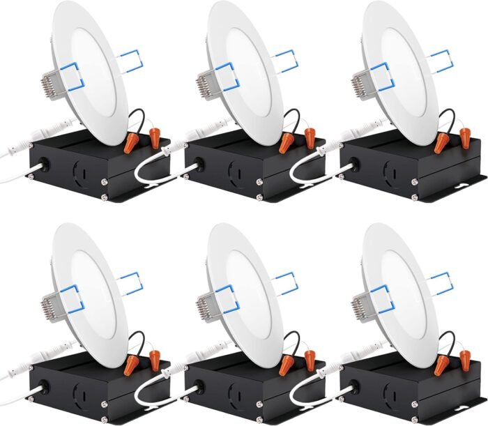 Sunco Lighting 6 Pack 4 Inch Ultra Thin LED Recessed Ceiling Lights Slim 2700K Soft White, Dimmable, 10W=60W, Smooth Trim, Wafer Thin, Canless with Junction Box - Energy Star