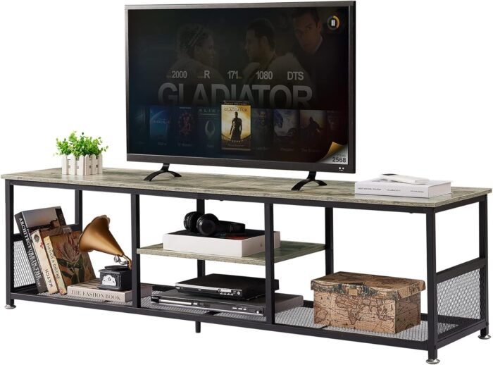 VECELO Industrial TV Stand for Televisions up to 70 Inch, 62" Entertainment Center with Open Storage Shelves for Living Room/Bedroom, 3 Tiers Media Console Table with Metal Frame, Grey, 62 Inches