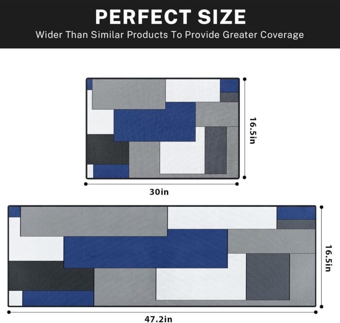 Blue Geometric Kitchen Rugs and Mats Non Skid Washable Set of 2, Checked Black Grey Navy Kitchen Mats for Floor, Rustic Minimalist Kitchen Runner Rug Modern Abstract Kitchen Decor - Image 2