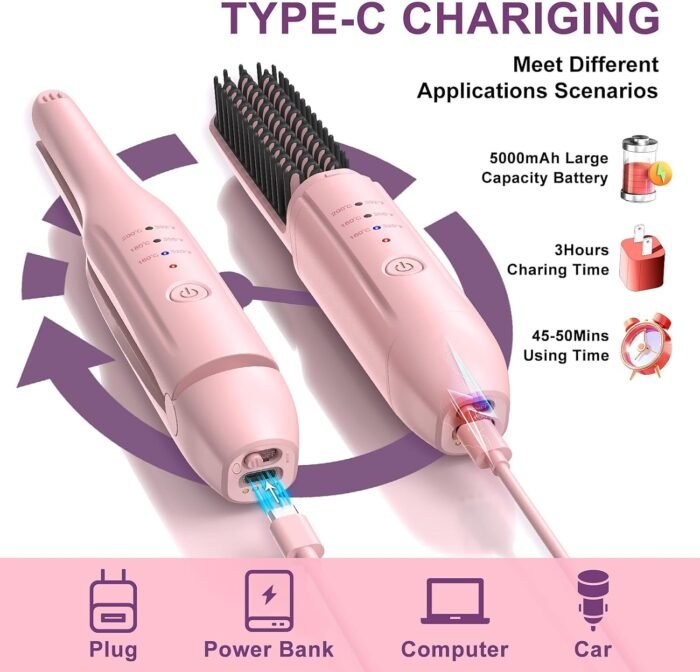 2Pcs Pink Cordless Portable Hair Straightener and Travel Hair Straightener Brush Set with Carrying Case, Hair Straightening Irons and Hot-Air Hair Brushes Set for Beauty and Personal Care - Image 3