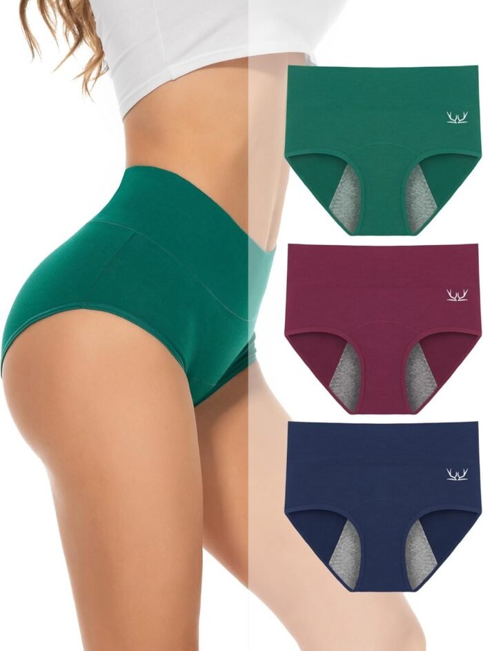 PULIOU Period Underwear for Women Heavy Flow High Waisted Menstrual Panties Teens Cotton Postpartum Hipster 3 Pack Black