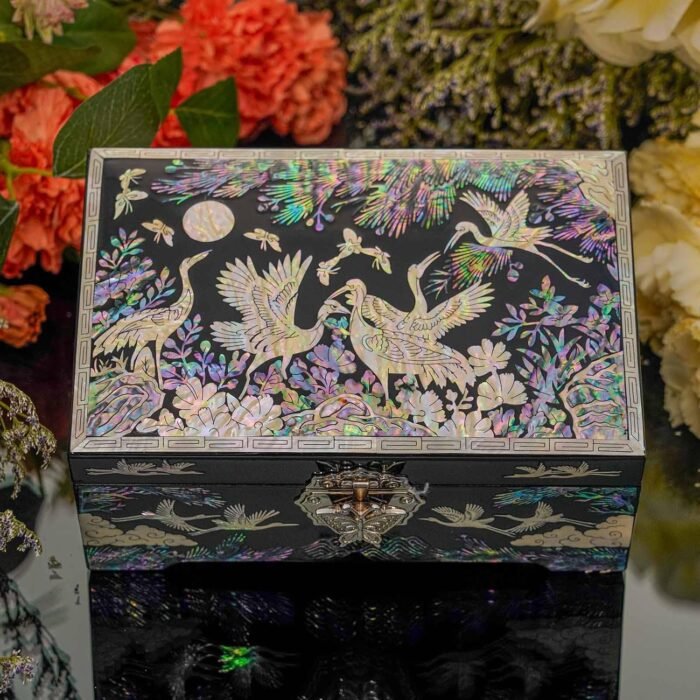 February Mountain Mother of Pearl Jewelry Box – Traditional Korean Design with Cranes and Pine Trees | Handcrafted Wooden Box, Velvet-Lined Interior for Rings, Earrings & Necklaces | Gifts for Women - Image 4