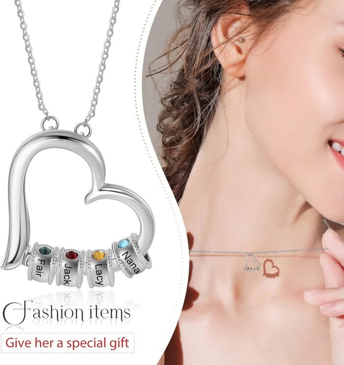 Personalized Women's Pendant Necklace 925 Sterling Silver with 1-5 Simulated Birthstone Names Customized Heart Shape Cubic Zirconia Necklace For Christmas Gifts (4 Name&4 Stone) - Image 4