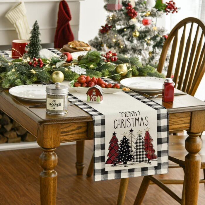 Artoid Mode Waterclor Buffalo Plaid Christmas Trees Merry Xmas Table Runner, Seasonal Winter Holiday Kitchen Dining Table Decoration for Indoor Outdoor Home Party Decor 13 x 72 Inch - Image 2
