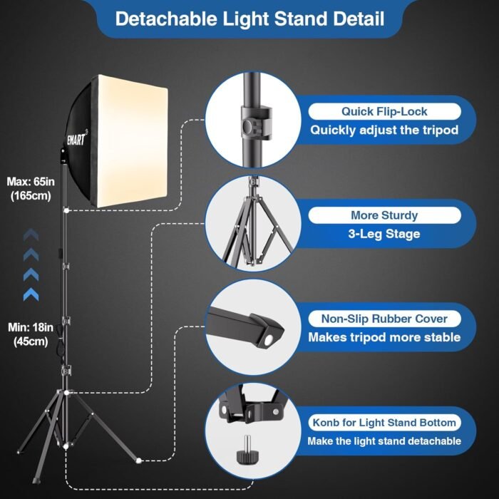 EMART Softbox Lighting Kit, 16"X16" Soft Box | 3000K-6000K 85W LED Bulbs with Remote | 65" Tripod, Professional Softbox Photography Lighting Kit for Studio Lights, Portrait, Video Recording(1PACK) - Image 3