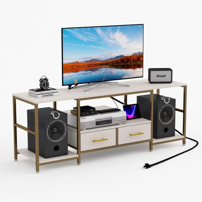 63" TV Stand for TVs, Up to 70 Inch TV, Modern Entertainment Center, TV Table with Two Drawers, TV Console Table with Metal Frame, TV Stands for Living Room, Bedroom, White/Gold