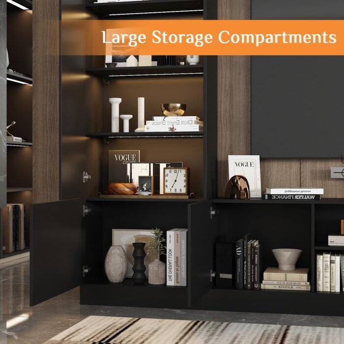 114" Large Wall Unit Entertainment Center with Bookshelves, Lights and 18 Shelves, Modern 4-Piece TV Stand Media Console Table with Bridge Cabinet for Living Room & Home Theater, Black - Image 6