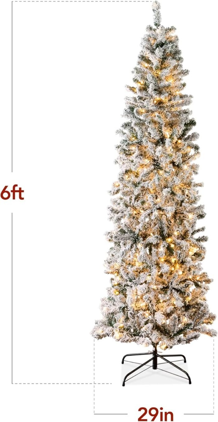 Best Choice Products Flocked Pencil Christmas Tree, Pre-Lit Slim Artificial Holiday Decoration, 6ft Lighted Skinny w/Base, Warm White Lights - Image 8
