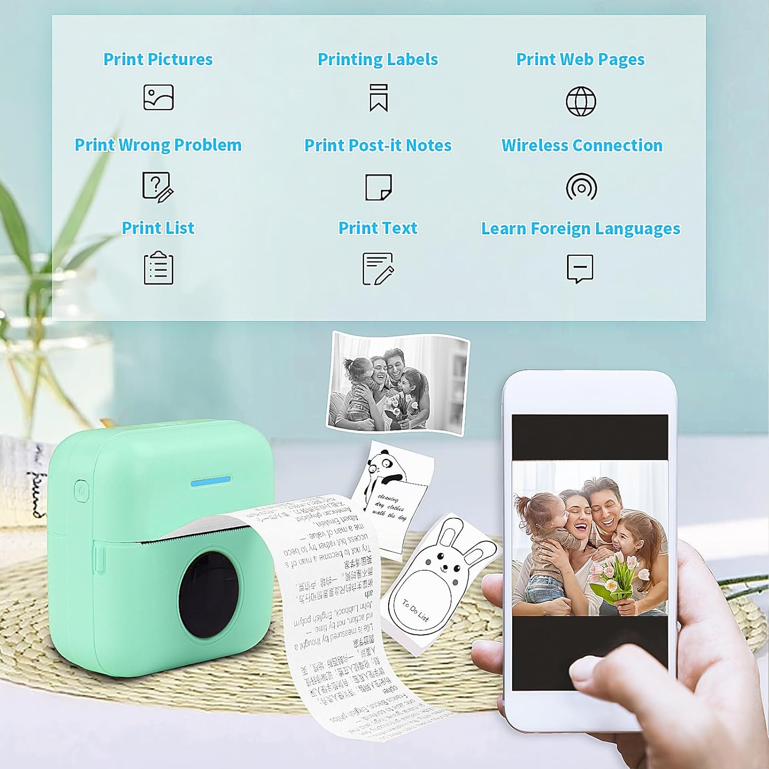 HuiJuKeJi Mini Sticker Printer Pocket Inkless Thermal Printer with 11 Rolls Thermal Paper and Sticker for iOS&Android, Bluetooth Smart Portable Receipt Printer for Photo Journal Notes Memo-Green - Image 2