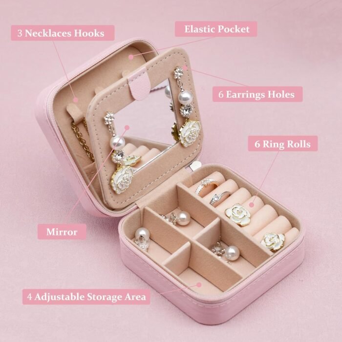 MODENGKONGJIAN Travel Jewelry Case for Women Fashion, Ring Necklace Earring Jewelry Holder Organizer Box, Small Portable Personalized Pink Jewellery Storage Box, Christmas Gifts Initial E - Image 4