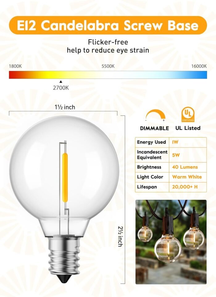 Outdoor String Lights 25 Feet G40 Globe LED Patio Lights with 13 Edison Plastic Bulbs(1 Spare), Waterproof Connectable Hanging Lights for Backyard Porch Balcony Party Decor, E12 Socket Base, Black - Image 8
