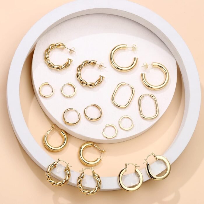 Yesteel 9 Pairs Gold Hoop Earrings for Women, 14K Real Gold Plated Chunky Hoop Earrings Set for Women Hypoallergenic Thick Lightweight Hoop Earrings for Women Gold Jewelry Gifts - Image 6
