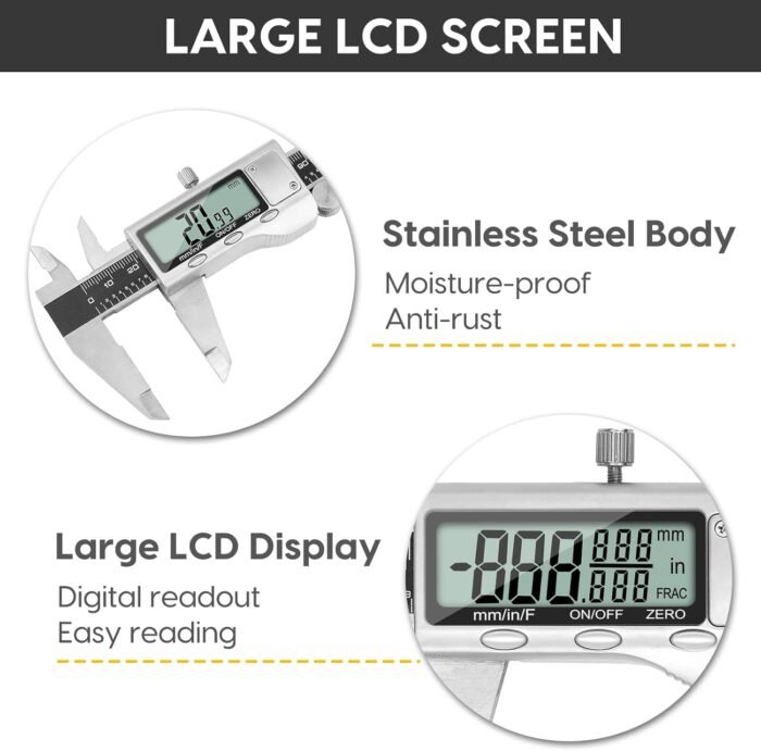 Digital Caliper Measuring Tool, 6 Inch Caliper Tool with Large LCD Screen, Easy Switch from Inch Millimeter Fraction, Stainless Steel Vernier Caliper Digital Micrometer for DIY/Household - Image 6