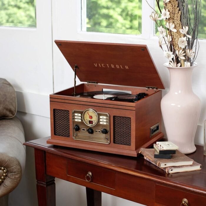 Victrola Nostalgic 6-in-1 Bluetooth Record Player & Multimedia Center with Built-in Speakers - 3-Speed Turntable, CD & Cassette Player, FM Radio | Wireless Music Streaming | Mahogany - Image 5