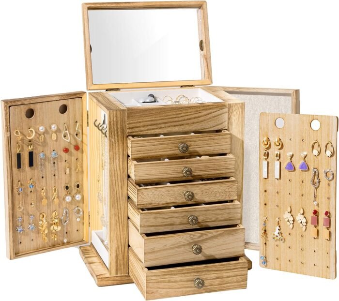 ProCase Large Jewelry Box, 7-Layer Wooden Jewelry Boxes for Women, Jewellery Holder Organizer Storage Case with Mirror for Earrings Bracelet Necklace for Dresser -Natural