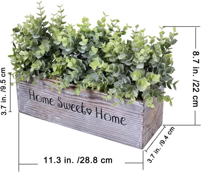 1 Pcs Wooden Potted Eucalyptus Plant Greenery Arrangement Artificial Eucalyptus Plant in Rectangular Wood Planter Box for Rustic Farmhouse Indoor Centerpiece Tabletop Window Sills Kitchen Shelf Decor - Image 2